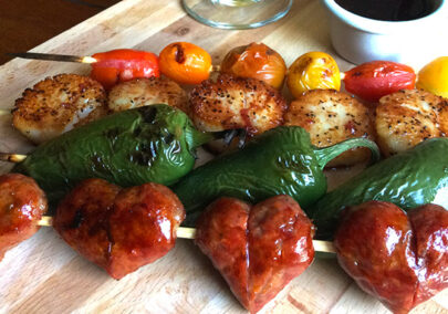 sausage and scallop skewers