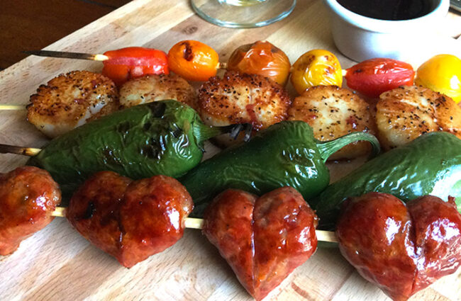 sausage and scallop skewers