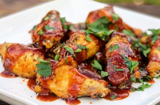 Smoked Wings in Peaches & Brown Sugar BBQ Sauce